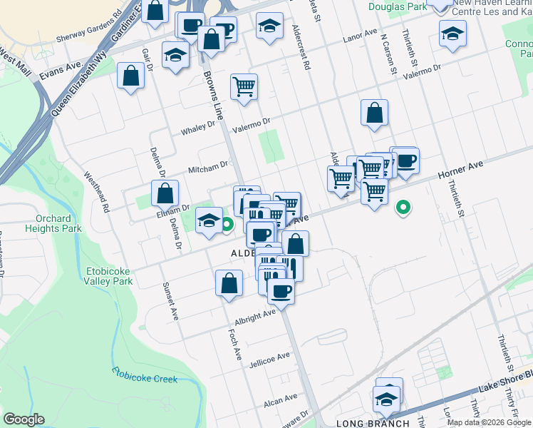 map of restaurants, bars, coffee shops, grocery stores, and more near 4 Lunness Road in Toronto