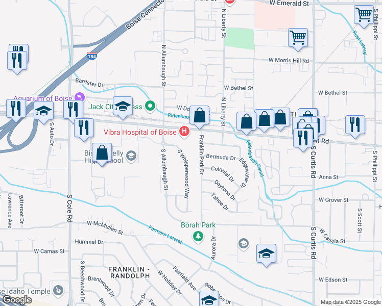 map of restaurants, bars, coffee shops, grocery stores, and more near 234 South Whisperwood Way in Boise