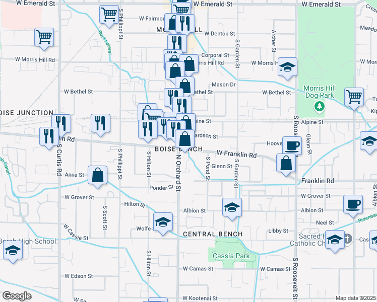 map of restaurants, bars, coffee shops, grocery stores, and more near 4929 Franklin Road in Boise