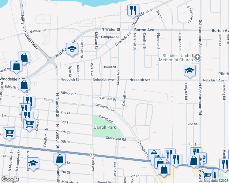 map of restaurants, bars, coffee shops, grocery stores, and more near 1400 Green Avenue in Bay City