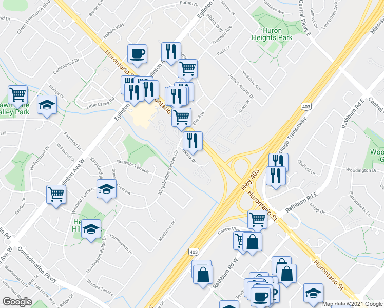 map of restaurants, bars, coffee shops, grocery stores, and more near 2001-20 Kingsbridge Garden Circle in Mississauga