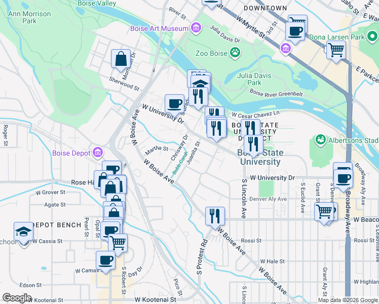 map of restaurants, bars, coffee shops, grocery stores, and more near 1923 Verna Lane in Boise