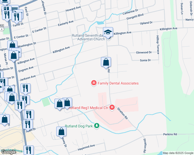 map of restaurants, bars, coffee shops, grocery stores, and more near 207 Stratton Road in Rutland