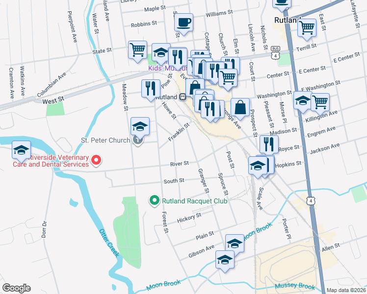 map of restaurants, bars, coffee shops, grocery stores, and more near 103 Granger Street in Rutland
