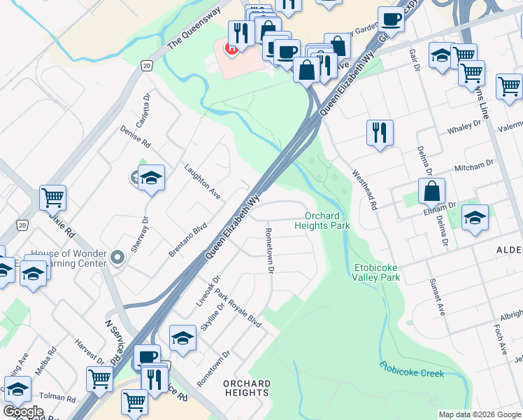 map of restaurants, bars, coffee shops, grocery stores, and more near 1775 Lincolnshire Boulevard in Mississauga
