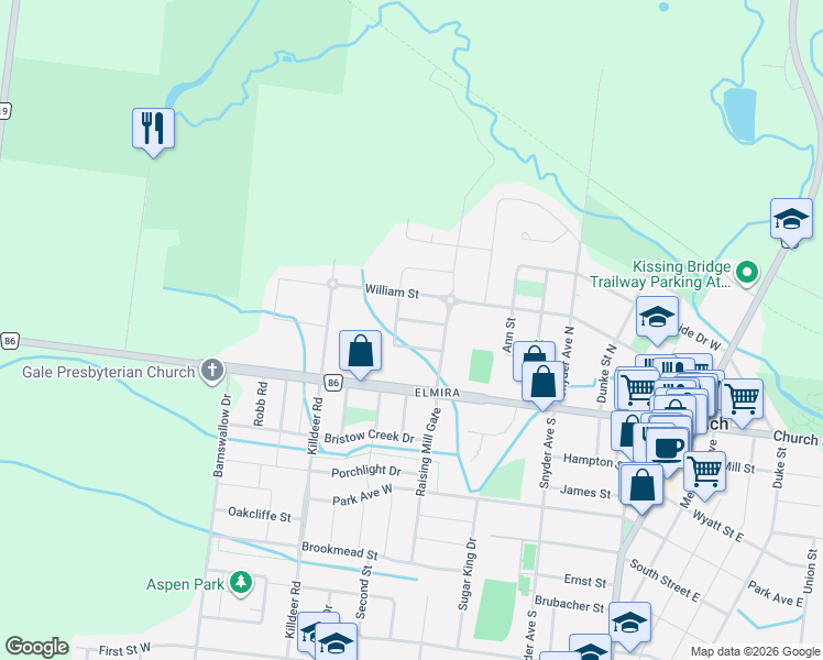 map of restaurants, bars, coffee shops, grocery stores, and more near 346 Finoro Crescent in Elmira