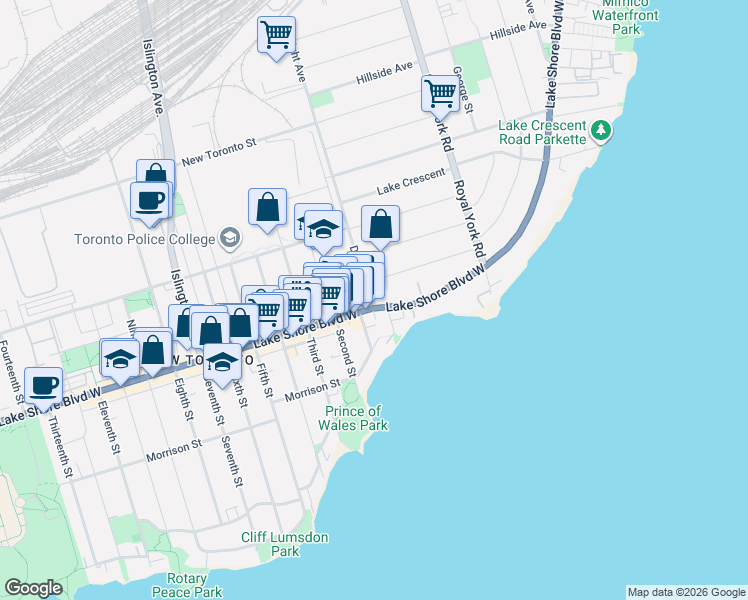 map of restaurants, bars, coffee shops, grocery stores, and more near 2724 Lake Shore Boulevard West in Toronto