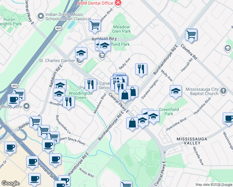 map of restaurants, bars, coffee shops, grocery stores, and more near 377 Burnhamthorpe Road East in Mississauga