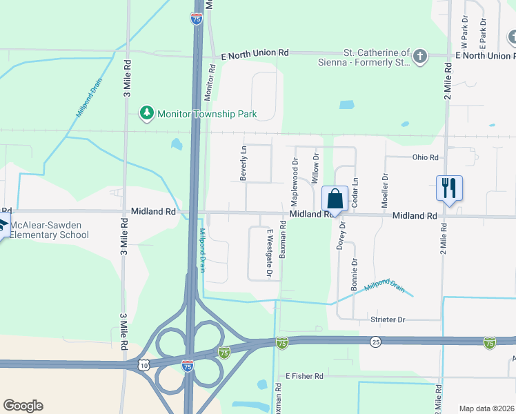 map of restaurants, bars, coffee shops, grocery stores, and more near 4774 West Westgate Drive in Bay City