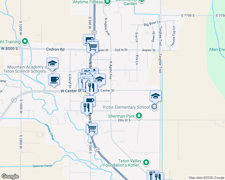 map of restaurants, bars, coffee shops, grocery stores, and more near 43 East Center Street in Victor