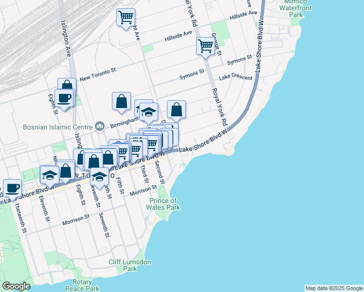 map of restaurants, bars, coffee shops, grocery stores, and more near 2712 Lake Shore Boulevard West in Toronto