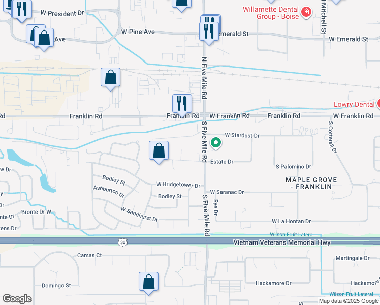 map of restaurants, bars, coffee shops, grocery stores, and more near 10619 Estate Drive in Boise