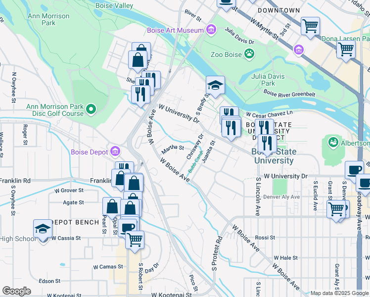 map of restaurants, bars, coffee shops, grocery stores, and more near 1512 Chrisway Drive in Boise