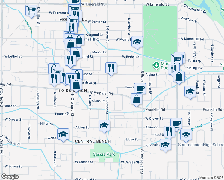 map of restaurants, bars, coffee shops, grocery stores, and more near 4513 Franklin Road in Boise