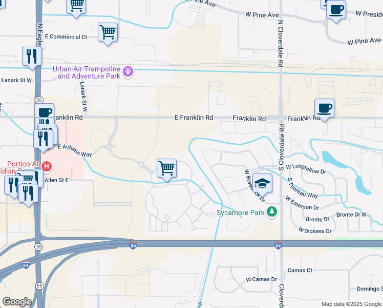 map of restaurants, bars, coffee shops, grocery stores, and more near 342 South Nistler Lane in Meridian