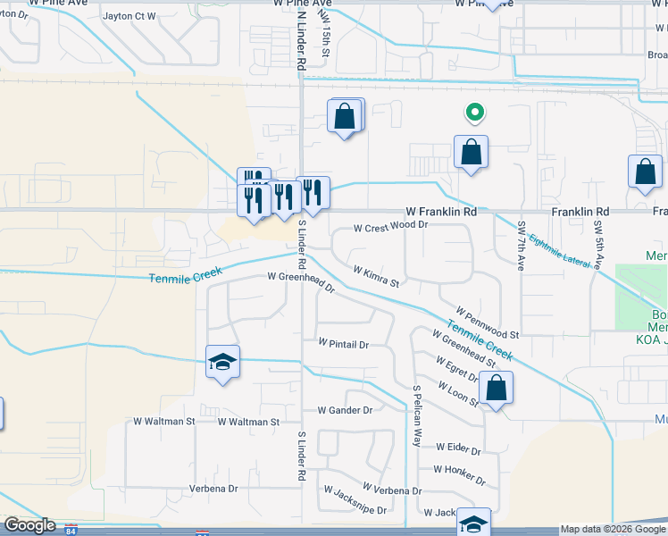 map of restaurants, bars, coffee shops, grocery stores, and more near 1482 West Greenhead Drive in Meridian