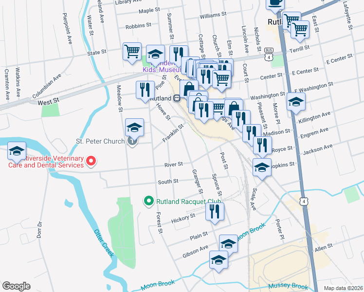 map of restaurants, bars, coffee shops, grocery stores, and more near 103 Granger Street in Rutland