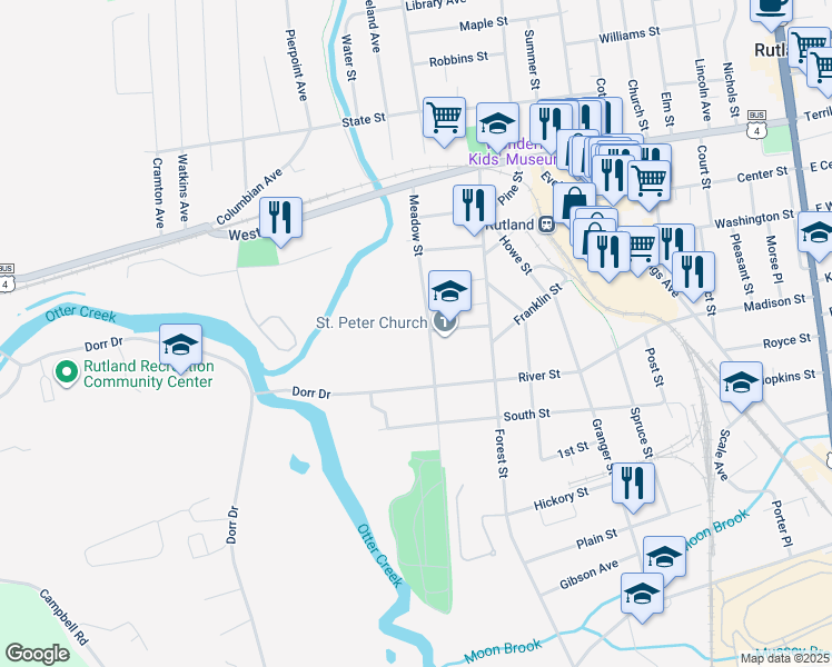 map of restaurants, bars, coffee shops, grocery stores, and more near 73 Meadow Street in Rutland