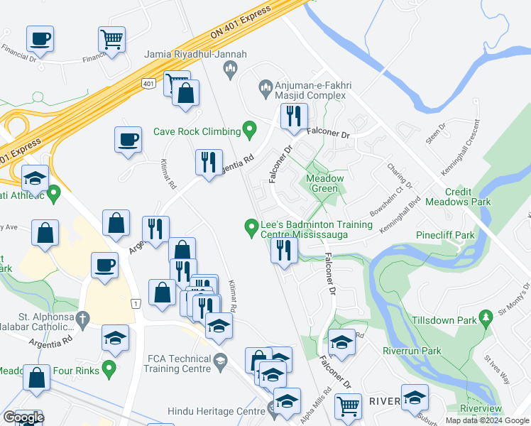 map of restaurants, bars, coffee shops, grocery stores, and more near 120 Falconer Drive in Mississauga