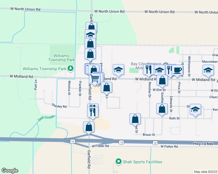 map of restaurants, bars, coffee shops, grocery stores, and more near 203 Mustang Lane in Auburn