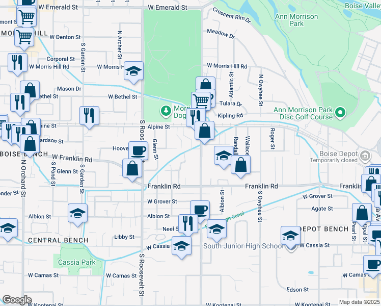 map of restaurants, bars, coffee shops, grocery stores, and more near 213 South Latah Street in Boise