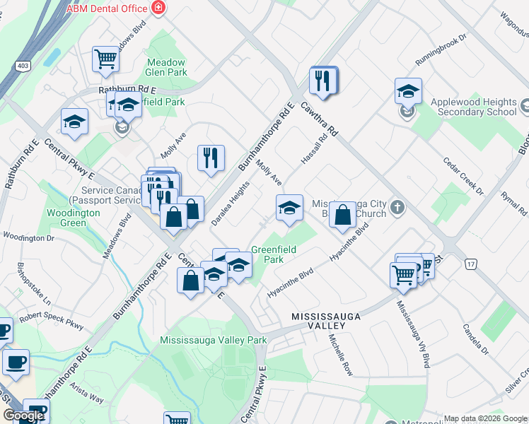 map of restaurants, bars, coffee shops, grocery stores, and more near 1075 Mississauga Valley Boulevard in Mississauga