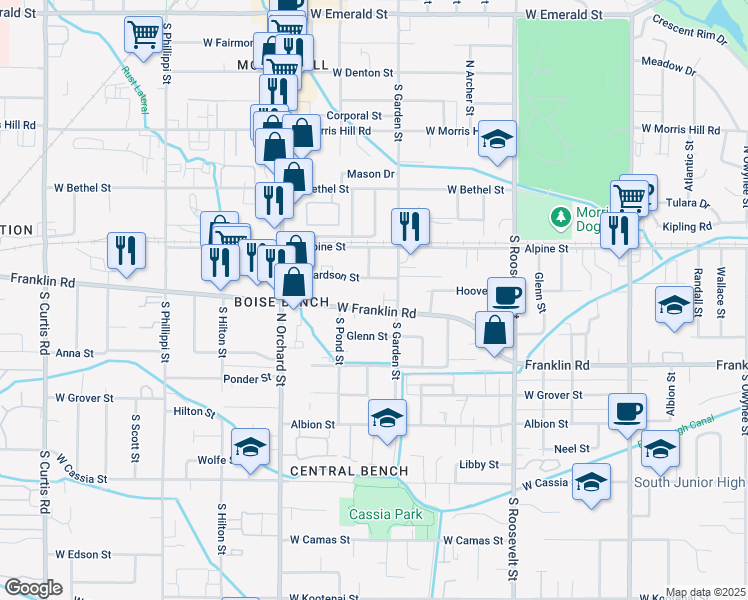 map of restaurants, bars, coffee shops, grocery stores, and more near 4621 Franklin Road in Boise