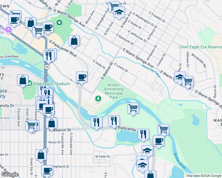 map of restaurants, bars, coffee shops, grocery stores, and more near  in Boise