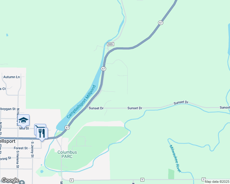 map of restaurants, bars, coffee shops, grocery stores, and more near N1755 Sunset Lane in Campbellsport