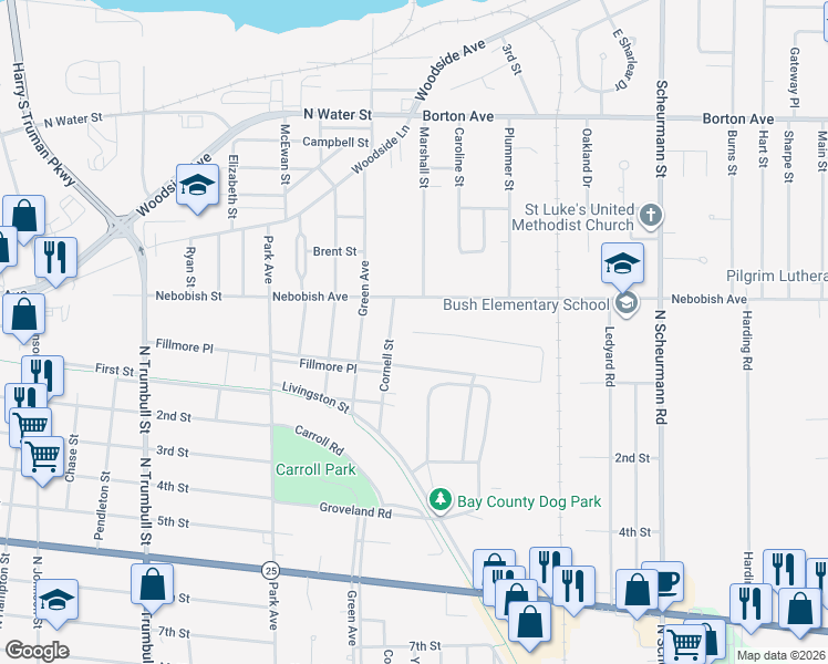 map of restaurants, bars, coffee shops, grocery stores, and more near 999 Avondale St in Bay City