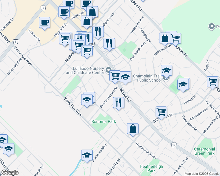 map of restaurants, bars, coffee shops, grocery stores, and more near 802 Genovese Place in Mississauga