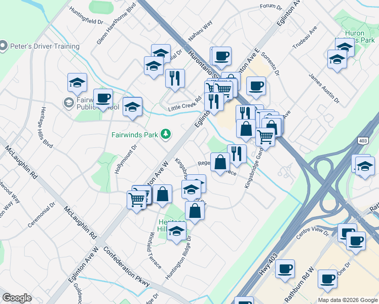map of restaurants, bars, coffee shops, grocery stores, and more near 4679 Drakestone Crescent in Mississauga