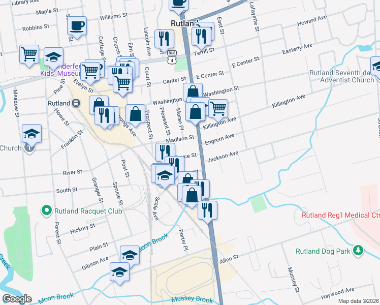 map of restaurants, bars, coffee shops, grocery stores, and more near 8 Madison Street in Rutland
