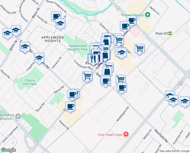 map of restaurants, bars, coffee shops, grocery stores, and more near 1125 Dundas Street East in Mississauga