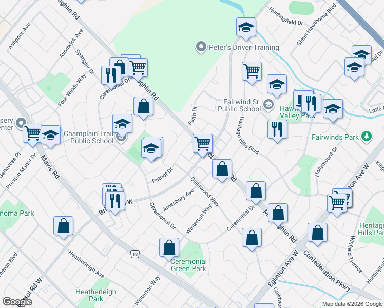map of restaurants, bars, coffee shops, grocery stores, and more near 550 Steddick Court in Mississauga