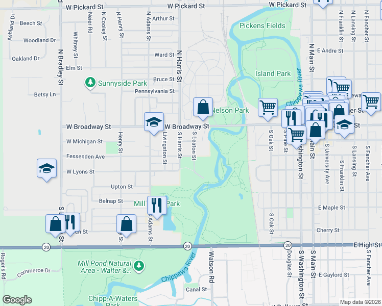 map of restaurants, bars, coffee shops, grocery stores, and more near 220 South Leaton Street in Mount Pleasant