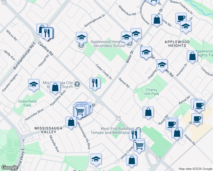 map of restaurants, bars, coffee shops, grocery stores, and more near 759 Bloor Street in Mississauga