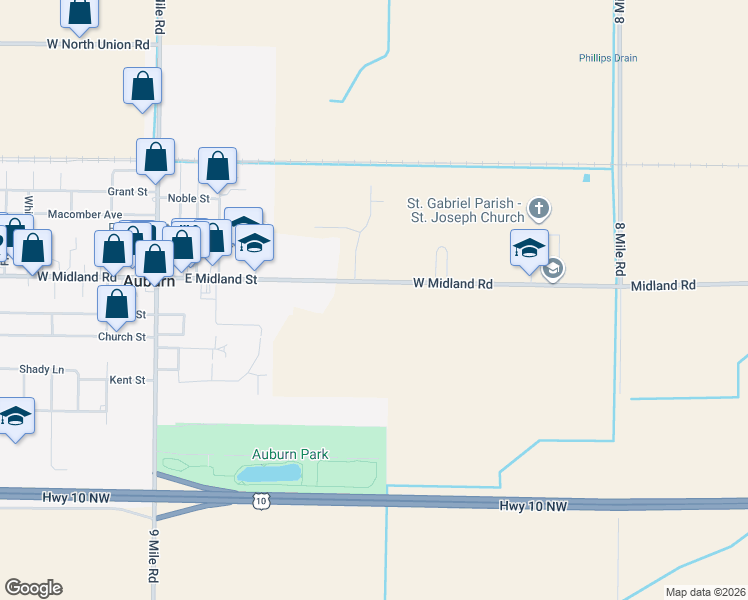 map of restaurants, bars, coffee shops, grocery stores, and more near 268 West Midland Road in Auburn