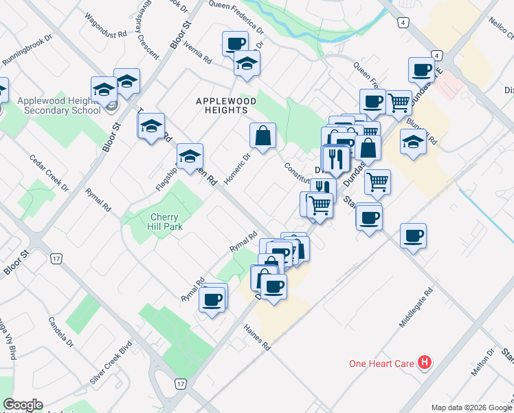 map of restaurants, bars, coffee shops, grocery stores, and more near 1059 Sierra Boulevard in Mississauga