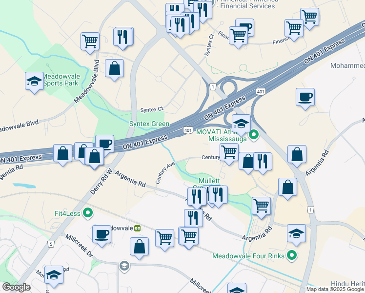 map of restaurants, bars, coffee shops, grocery stores, and more near 6925 Century Avenue in Mississauga