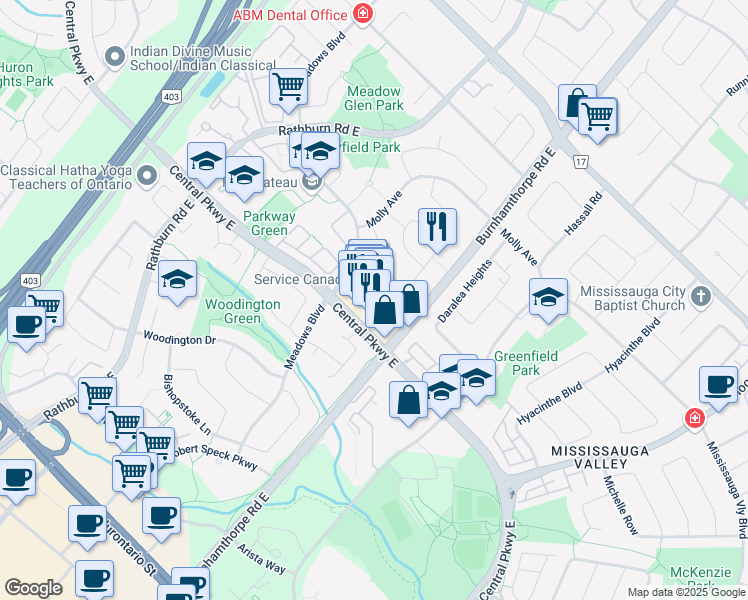 map of restaurants, bars, coffee shops, grocery stores, and more near 4034 Midhurst Lane in Mississauga