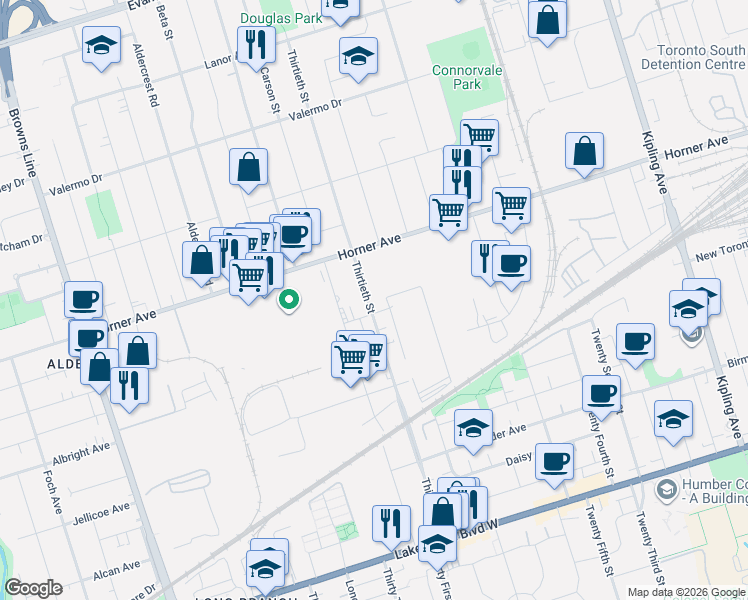 map of restaurants, bars, coffee shops, grocery stores, and more near 179 Thirtieth Street in Toronto