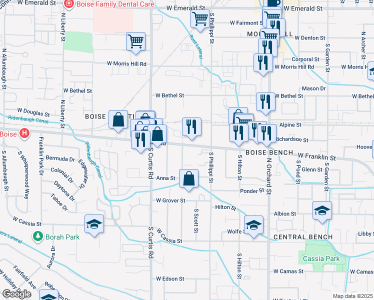 map of restaurants, bars, coffee shops, grocery stores, and more near 5500 Franklin Road in Boise