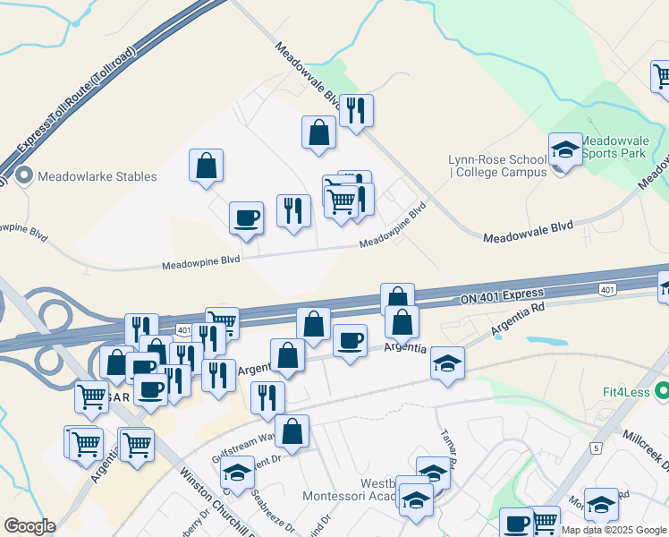 map of restaurants, bars, coffee shops, grocery stores, and more near 2455 Meadowpine Boulevard in Mississauga