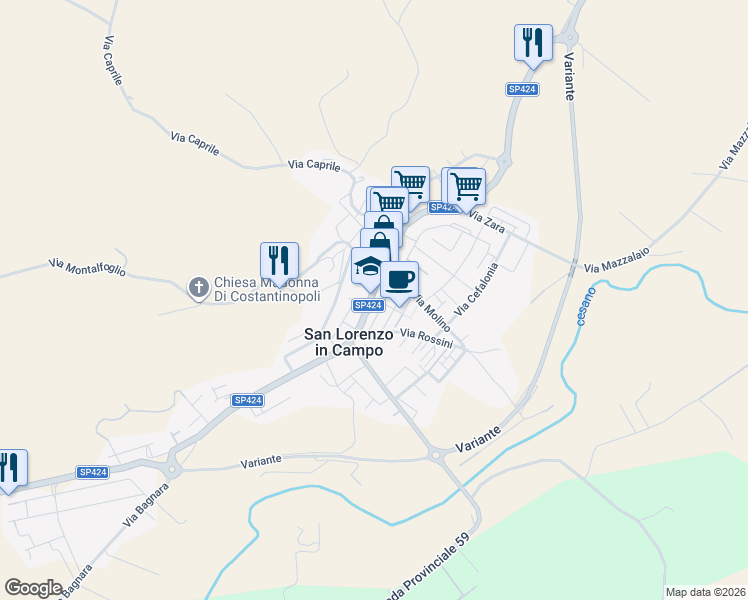 map of restaurants, bars, coffee shops, grocery stores, and more near 63 Via Regina Margherita in San Lorenzo In Campo