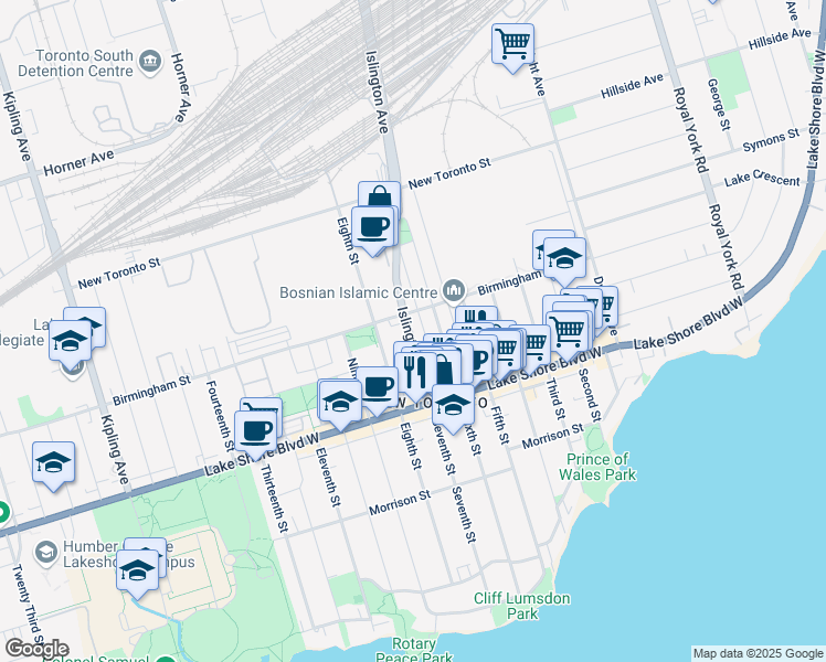 map of restaurants, bars, coffee shops, grocery stores, and more near 195 Islington Avenue in Toronto