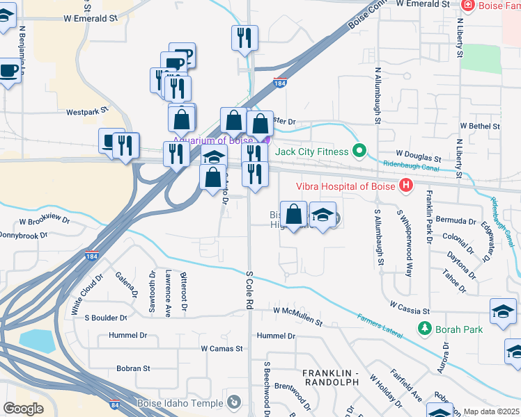 map of restaurants, bars, coffee shops, grocery stores, and more near 134 South Cole Road in Boise