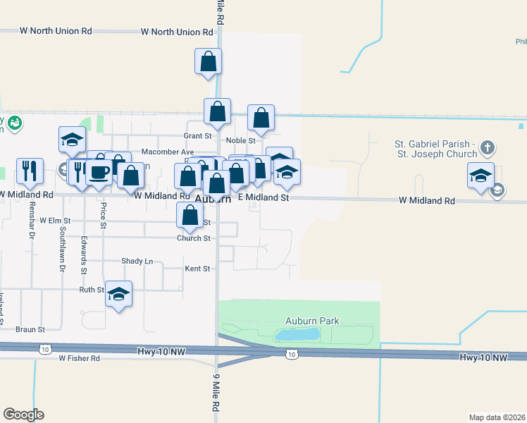 map of restaurants, bars, coffee shops, grocery stores, and more near 306 East Midland Street in Auburn
