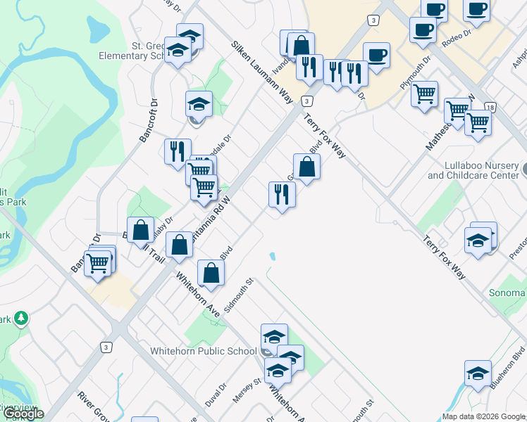 map of restaurants, bars, coffee shops, grocery stores, and more near Galesway Boulevard in Mississauga