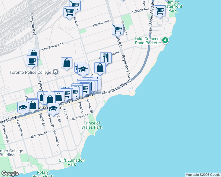 map of restaurants, bars, coffee shops, grocery stores, and more near 2696 Lake Shore Boulevard West in Toronto